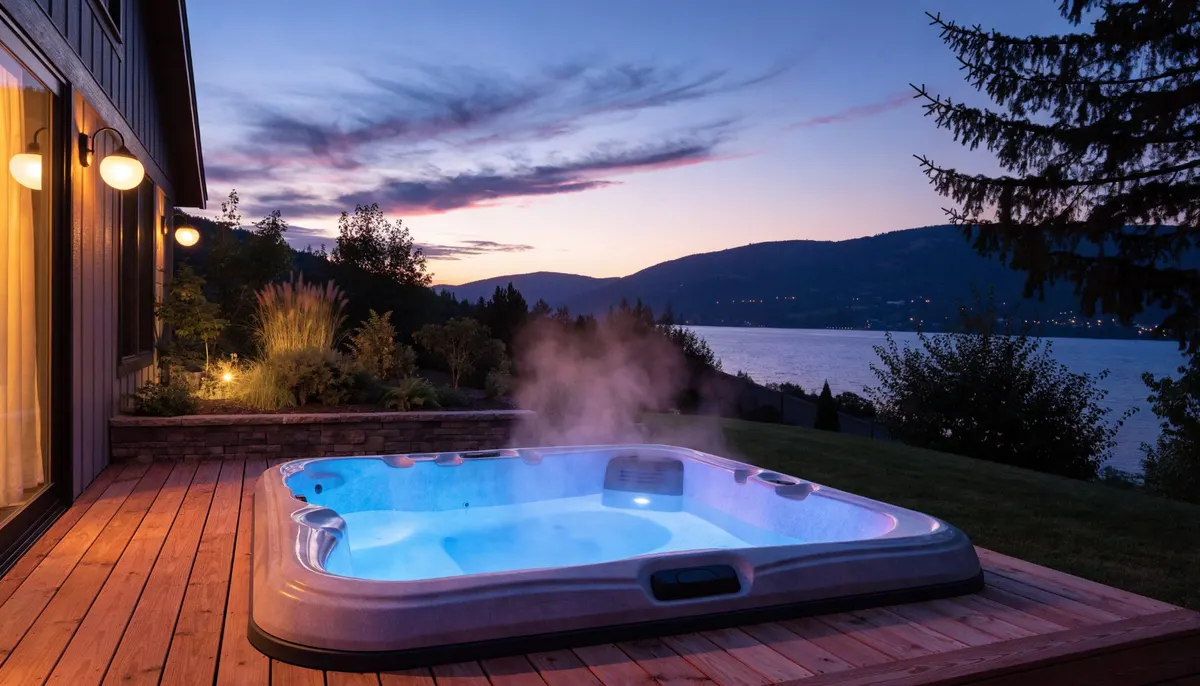 Backyard hot tub at dusk overlooking Okanagan Lake